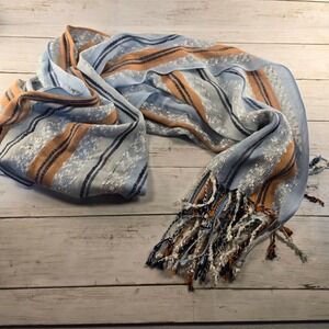 Charming Charlie Blue Orange Striped Metallic Fringe Scarf Lightweight Wrap